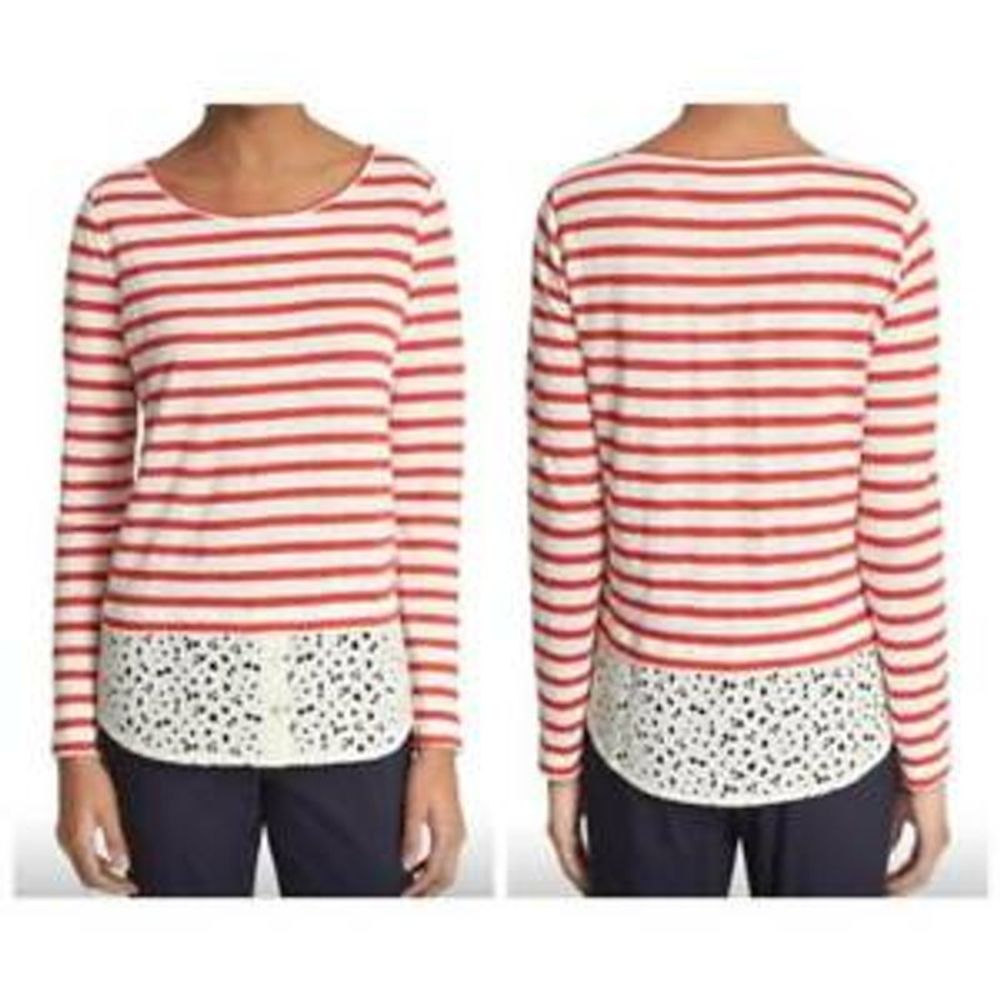 Tory Burch Red Striped Linen Top Eyelet Hem L/S XL